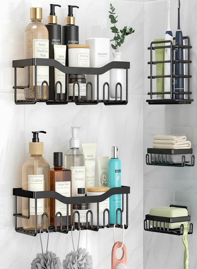 JD FRESH 5 in 1 Self Adhesive Bathroom Shelf Combo/Bathroom Organiser Without Drill/Metal Rust-Proof Strong Adhesive Wall Shelves/Soap Holder with Tooth Brush Holder/Multipurpose Storage Rack (Black) - Image 1